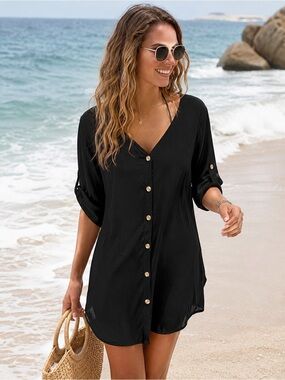 🖤🌴 Black Button Front Swimsuit Cover-Up Dress | Size XL 🌴🖤